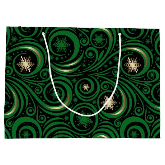 Swirls en sneeuwvlokken groen en goud groot cadeauzakje (Achterkant)