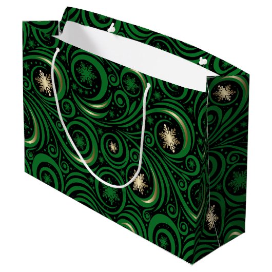 Swirls en sneeuwvlokken groen en goud groot cadeauzakje (Achterkant Gekanteld)
