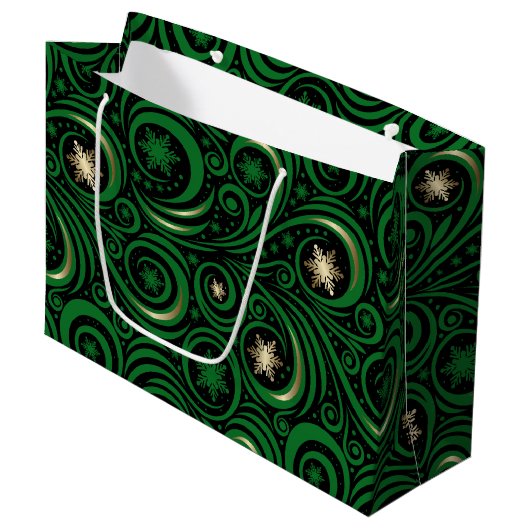 Swirls en sneeuwvlokken groen en goud groot cadeauzakje (Voorkant Gekanteld)