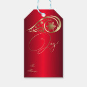 Swirls en sneeuwvlokken rood en goud cadeaulabel (Voorkant)