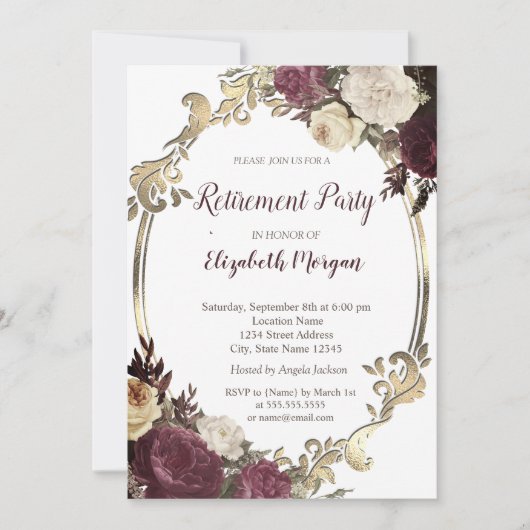 Swirls Goud Lijst, Bourgondische Bloemen Pensioner Kaart (Voorkant)