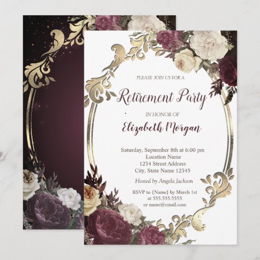 Swirls Goud Lijst, Bourgondische Bloemen Pensioner Kaart (Voorkant / Achterkant)