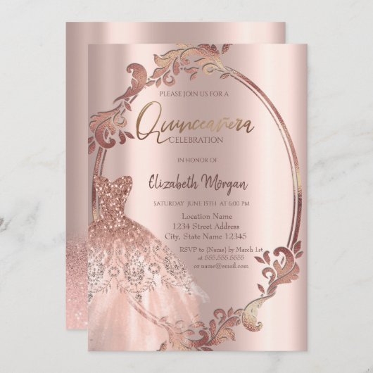 Swirls Lijst Roos Gouden Glitter Jurk Quinceañera Kaart (Voorkant / Achterkant)