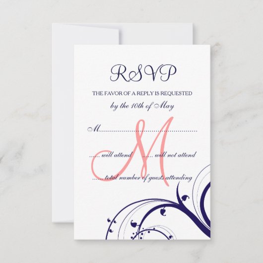 Swirls Navy Blue Coral Pink Wedding RSVP Kaart (Voorkant)