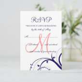 Swirls Navy Blue Coral Pink Wedding RSVP Kaart (Staand voorkant)