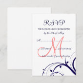 Swirls Navy Blue Coral Pink Wedding RSVP Kaart (Voorkant / Achterkant)
