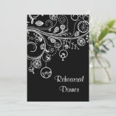 Swirls, vogels zwart wit bruiloft repetitie diner kaart (Staand voorkant)