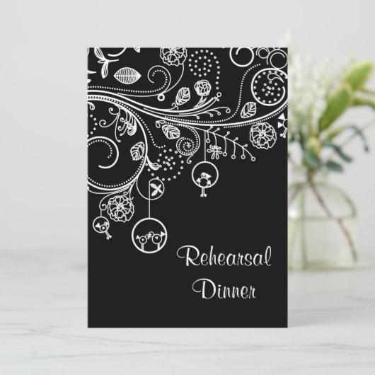Swirls, vogels zwart wit bruiloft repetitie diner kaart (Staand voorkant)