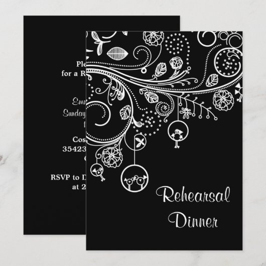 Swirls, vogels zwart wit bruiloft repetitie diner kaart (Voorkant / Achterkant)
