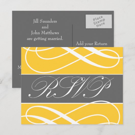 Swirls Wedding RSVP Briefkaarten Geel Grijs (Voorkant / Achterkant)
