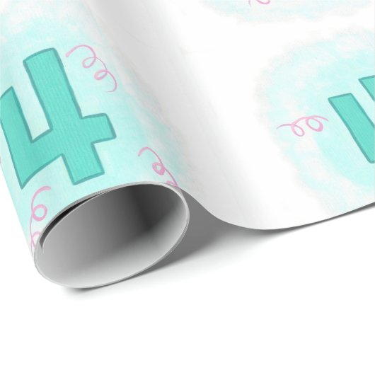Swirly Aqua Nummer 4 Vier Verjaardags Verpakkingsd Cadeaupapier (Rol Hoek)