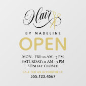 Swirly Black Text Scissors Hair Salon Open Hours Raamsticker (Vel)