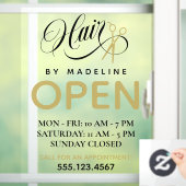 Swirly Black Text Scissors Hair Salon Open Hours Raamsticker (Huis)