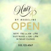 Swirly Black Text Scissors Hair Salon Open Hours Raamsticker (Vel 3)