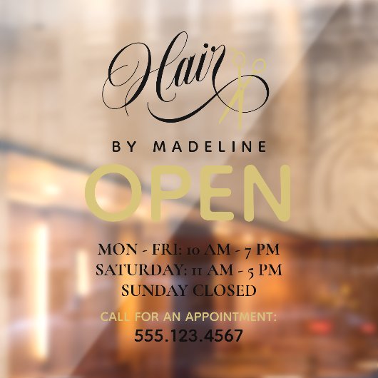Swirly Black Text Scissors Hair Salon Open Hours Raamsticker (Vel 2)