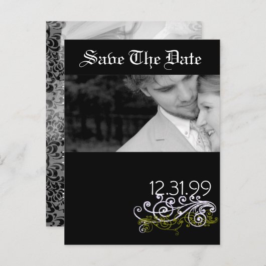 Swirly Black & White Sla de datum op Aankondigingskaart (Voorkant / Achterkant)