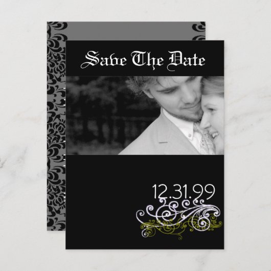 Swirly Black & White Sla de datum op Aankondigingskaart (Voorkant / Achterkant)