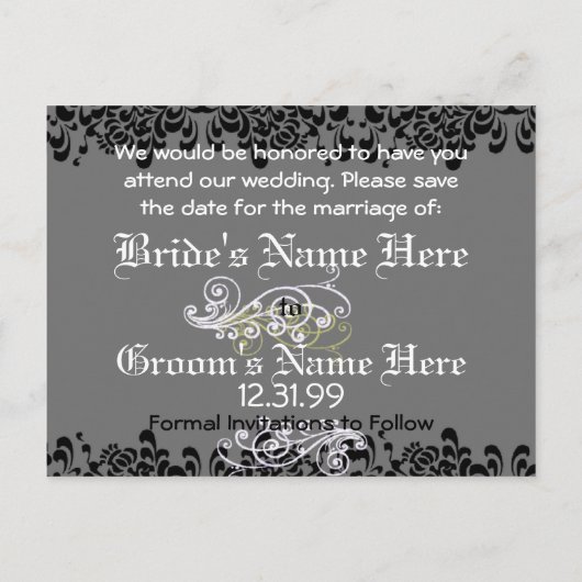 Swirly Black & White Sla de datum op Aankondigingskaart (Achterkant)