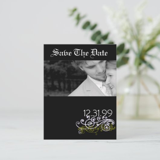 Swirly Black & White Sla de datum op Aankondigingskaart (Staand voorkant)