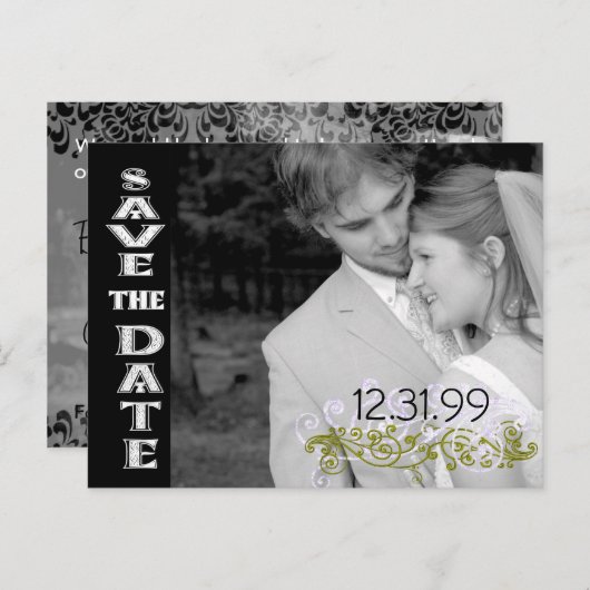 Swirly Black & White Sla de datum op Aankondigingskaart (Voorkant / Achterkant)