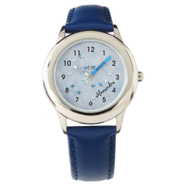 Swirly Blue Stars Meisjeshorloge Horloge (Voorkant)