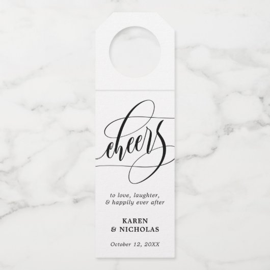 Swirly Calligraphy Huwelijksgunst Cheers Flessenhanger (Voorkant)