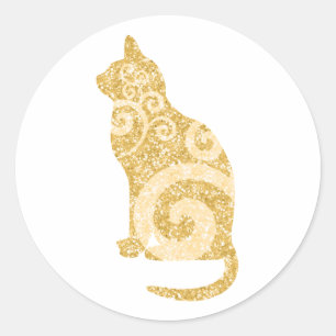 Swirly Cat Gold Glitter Ronde Sticker