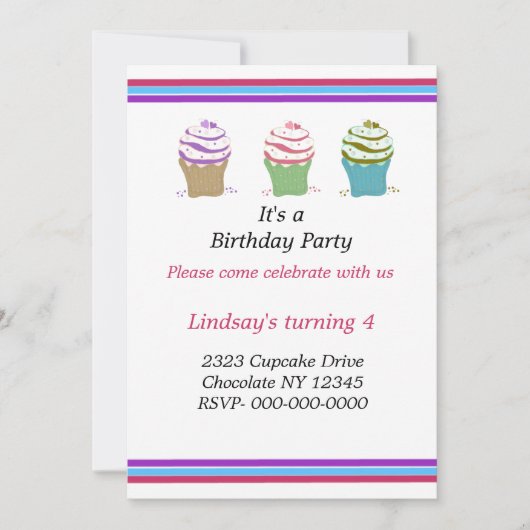 Swirly Cupcakes Birthday Party Invitation Kaart (Voorkant)