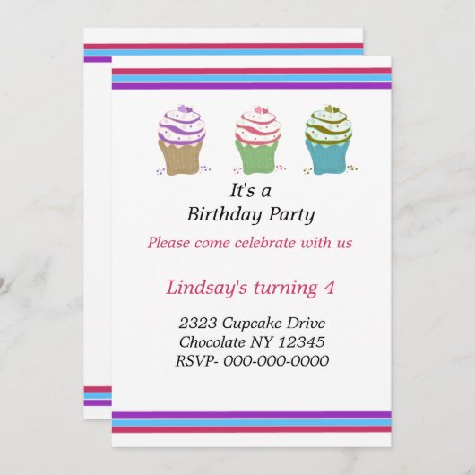 Swirly Cupcakes Birthday Party Invitation Kaart (Voorkant / Achterkant)