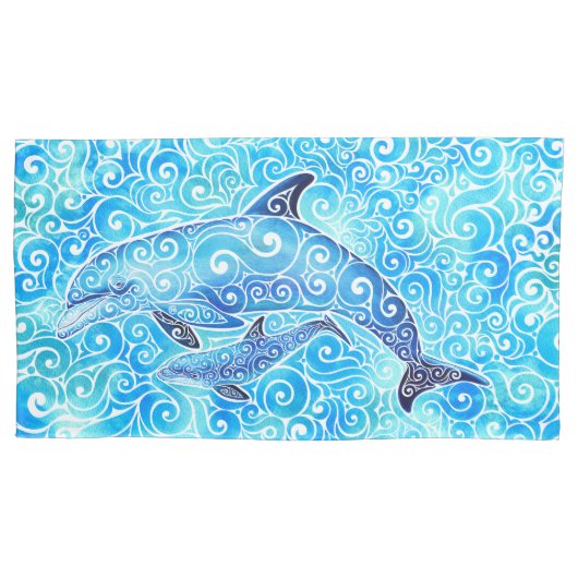 Swirly Dolphin Family Kussensloop (Voorkant-Links)