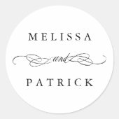 Swirly en script bruiloft zwart-wit ronde sticker (Voorkant)