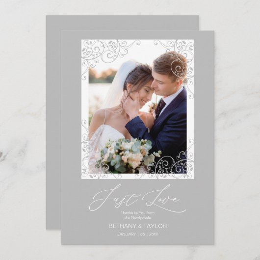 Swirly Flourish Grey Ornament Photo Newlyweds Bedankkaart (Voorkant / Achterkant)