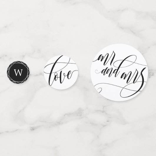 Swirly kalligrafie zwart & wit bruiloft confetti (Voorkanten)