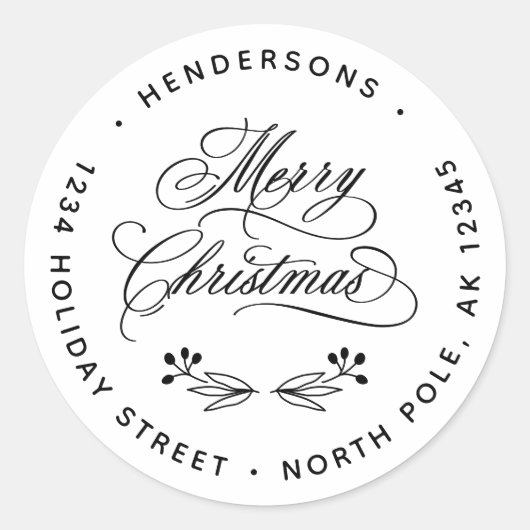 Swirly Merry Christmas Script Retouradres Ronde Sticker (Voorkant)