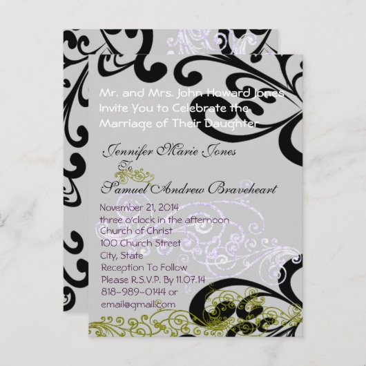 Swirly Paarse & Groen Save The Date Aankondigingskaart (Voorkant / Achterkant)