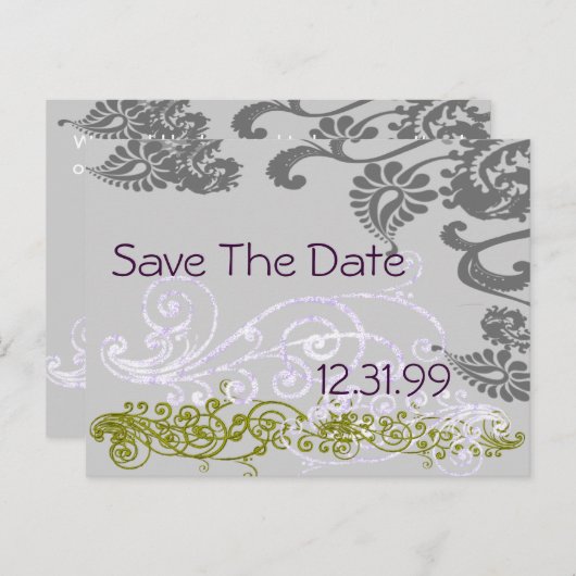 Swirly Paarse & Groen Save The Date Aankondigingskaart (Voorkant / Achterkant)