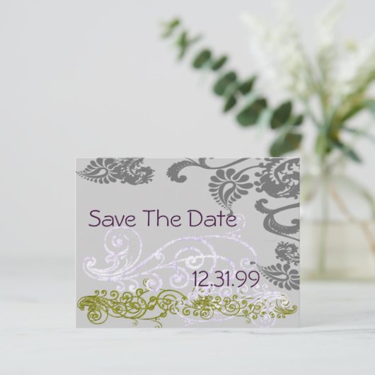 Swirly Paarse & Groen Save The Date Aankondigingskaart (Staand voorkant)