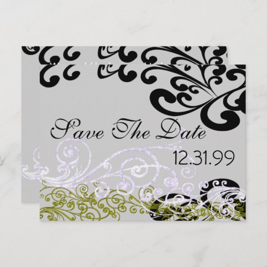 Swirly Paarse & Groen Save The Date Aankondigingskaart (Voorkant / Achterkant)