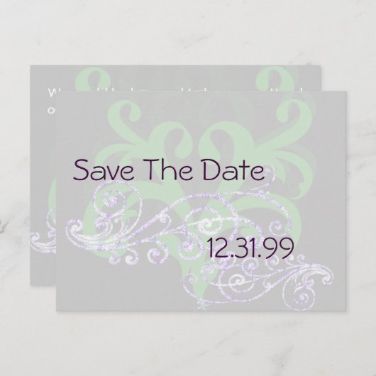 Swirly Paarse & Groen Save The Date Aankondigingskaart (Voorkant / Achterkant)