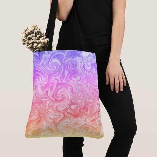 Swirly Paarse Roze Perzik Geel Satiny Marble Look Tote Bag (Dichtbij)