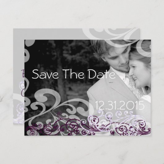 Swirly Photo Bewaar de datum Aubergine & Berry Aankondigingskaart (Voorkant / Achterkant)