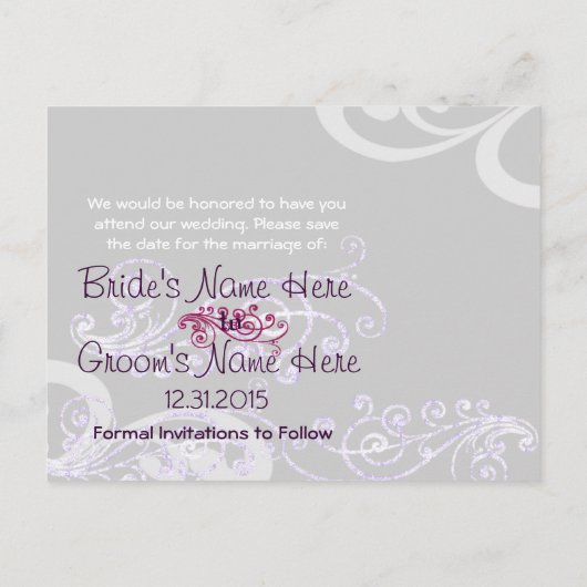 Swirly Photo Bewaar de datum Aubergine & Berry Aankondigingskaart (Achterkant)