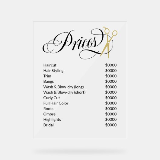 Swirly Script Gouden Schaar Haarsalon prijslijst Acryl Bord (Voorkant)