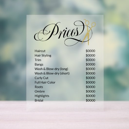 Swirly Script Gouden Schaar Haarsalon prijslijst Acryl Bord (Neutraal)