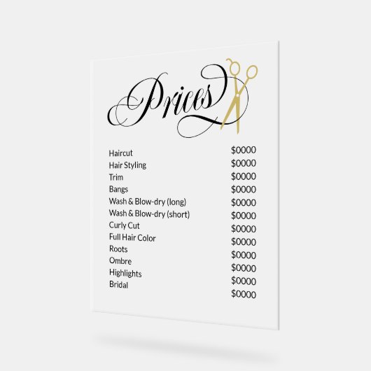 Swirly Script Gouden Schaar Haarsalon prijslijst Acryl Bord (Hoek)