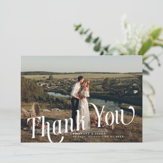 Swirly Typography Trouwfoto Dank u kaart (Staand voorkant)
