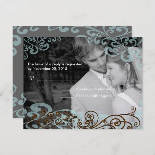 Swirly uw foto bruiloft reactie Kaart blauw bruin (Voorkant / Achterkant)