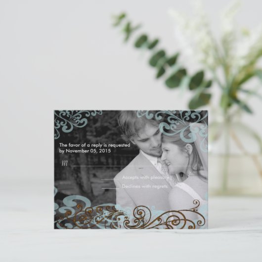 Swirly uw foto bruiloft reactie Kaart blauw bruin (Staand voorkant)