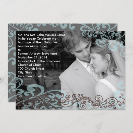 Swirly uw foto bruiloft uitnodiging blauw & bruin (Voorkant / Achterkant)