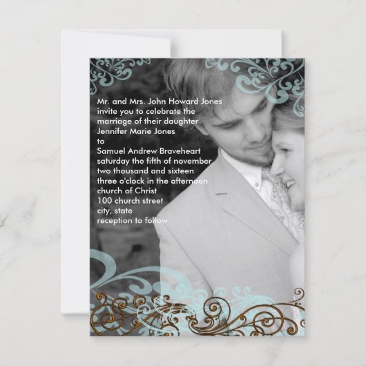 Swirly uw foto bruiloft uitnodiging blauw & bruin (Voorkant)